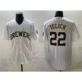 seanshop    Milwaukee Brewers #22 Christian Yelich White  Pinstripe 2025 With Patch Stitched Jersey