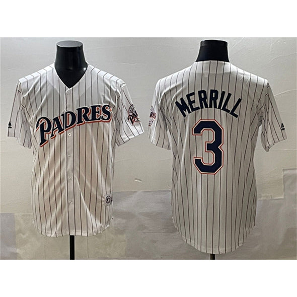 seanshop  San Diego Padres #3 Jackson Merrill White  Throwback With Patch Cool Base Stitched Jersey