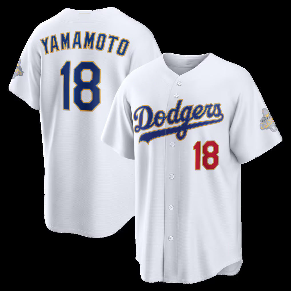 seanshop Los Angeles Dodgers #18 Yoshinobu Yamamoto White  2026 Gold Collection Stadium Jersey