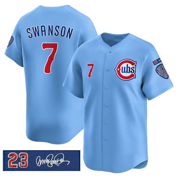 seanshop  Chicago Cubs #7 Dansby Swanson Blue  'Ryne Sandberg Tribute' Vapor Limited V3 Stitched Jersey