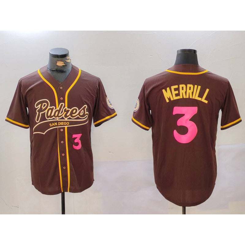 seanshop  San Diego Padres #3 Jackson Merrill Brown  Cool Base Stitched Jersey 2