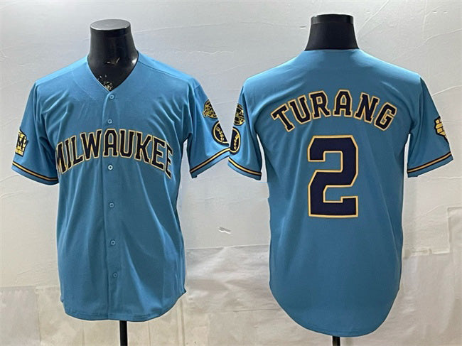 seanshop    Milwaukee Brewers #2 Brice Turang Blue  With Home & Bob Uecker Patch Stitched Jersey