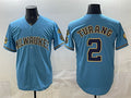 seanshop    Milwaukee Brewers #2 Brice Turang Blue  With Home & Bob Uecker Patch Stitched Jersey