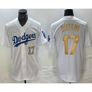 seanshop Los Angeles Dodgers #17 Shohei Ohtani Number White Gold  Stitched Cool Base Jerseys