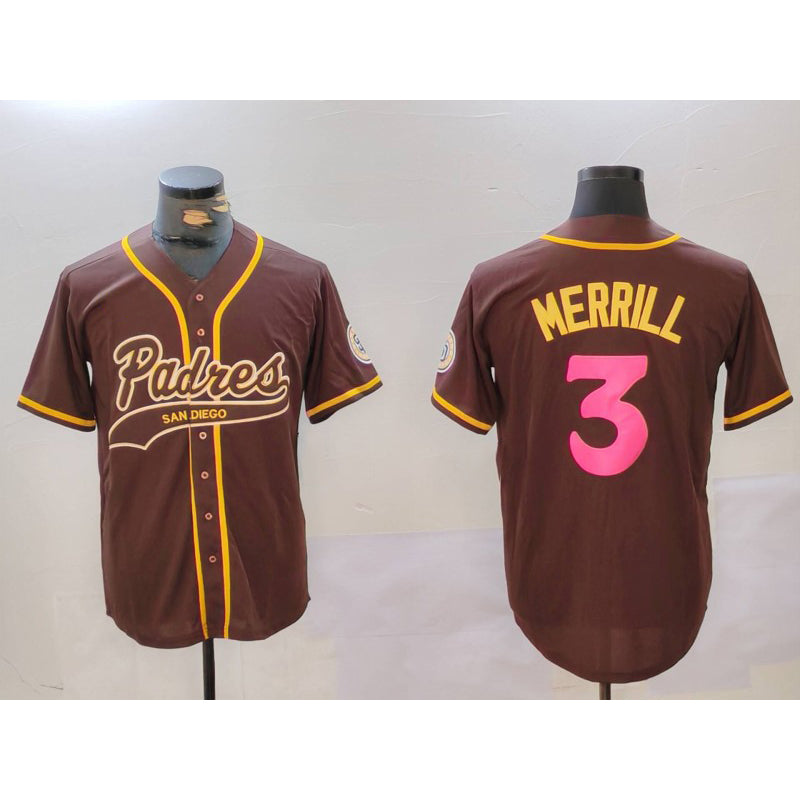 seanshop  San Diego Padres #3 Jackson Merrill Brown  Cool Base Stitched Jerseys