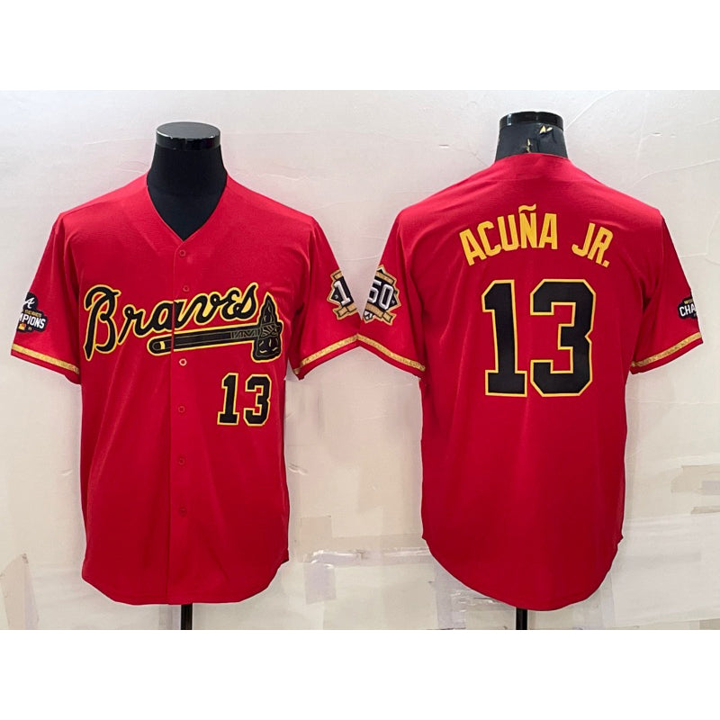 seanshop Atlanta Braves #13 Ronald Acuna Jr Red Gold  World Series Champions Program Cool Base Stitched Jersey