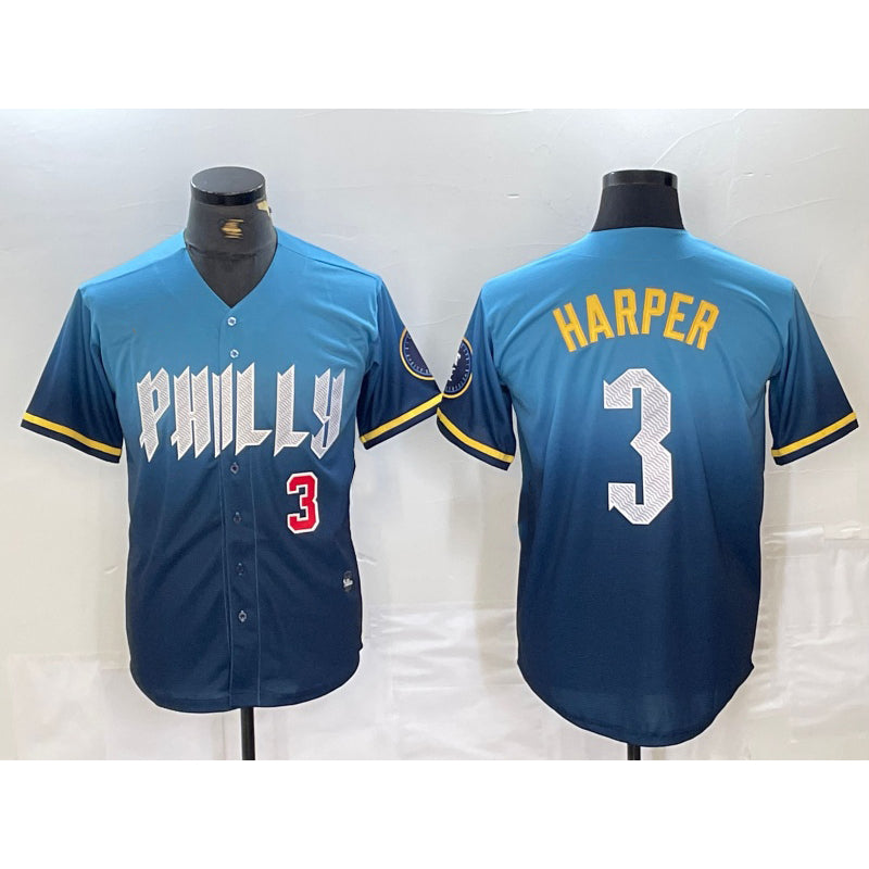 seanshop  Philadelphia Phillies #3 Bryce Harper Number Blue  2024 City Connect Limited Stitched Jersey 2