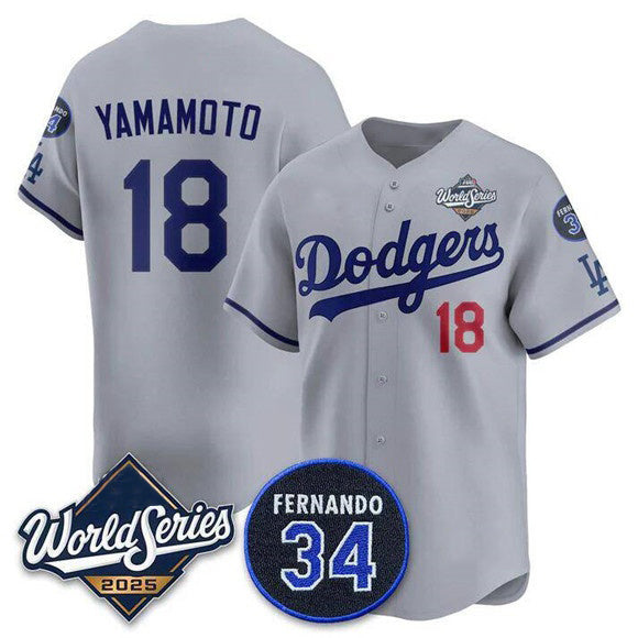 seanshop Los Angeles Dodgers #18 Yoshinobu Yamamoto Gray  2025 World Series With No. 34 Patch Limited Stitched Jersey