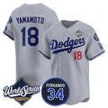 seanshop Los Angeles Dodgers #18 Yoshinobu Yamamoto Gray  2025 World Series With No. 34 Patch Limited Stitched Jersey