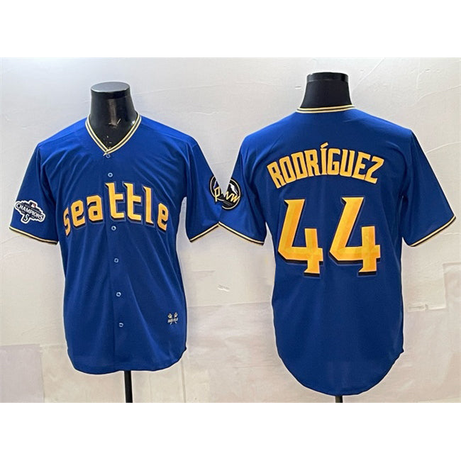 seanshop  Seattle Mariners #44 Julio Rodr¨ªguez Royal  With 2025 AL West Division Champions Patch City Connect Limited Stitched Jersey