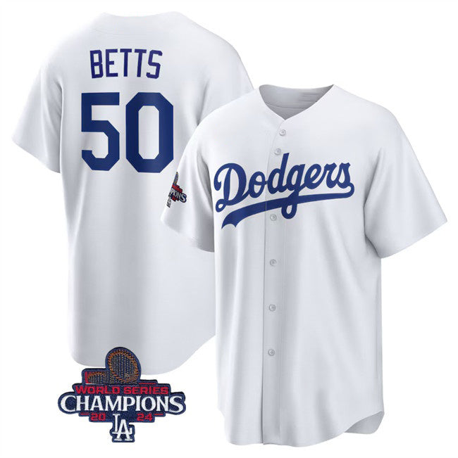 seanshop Los Angeles Dodgers #50 Mookie Betts White  2024 World Series Champions Cool Base Stitched Jersey