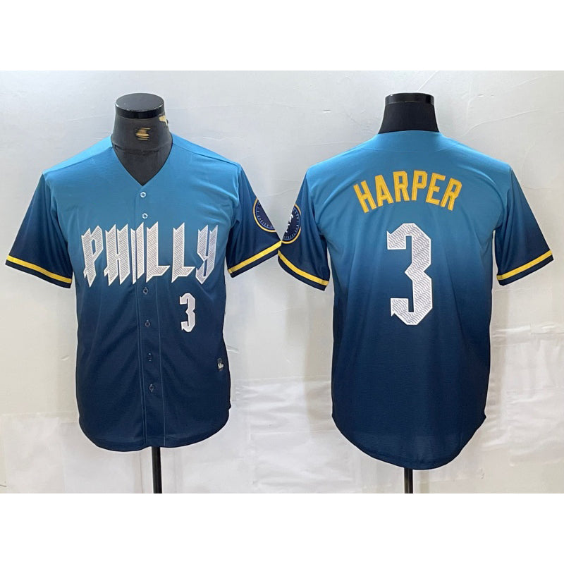 seanshop  Philadelphia Phillies #3 Bryce Harper Number Blue  2024 City Connect Limited Stitched Jersey