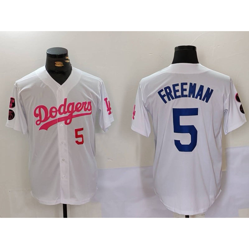 seanshop Los Angeles Dodgers #5 Freddie Freeman White Pink  Vin & Kobe Patch Stitched Jerseys