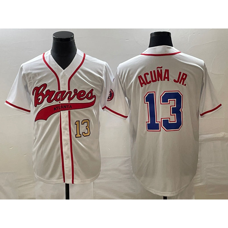 seanshop Atlanta Braves #13 Ronald Acuna Jr Number White  Cool Base With Patch Stitched Jersey