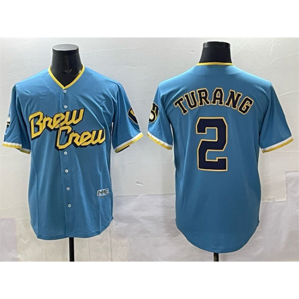 seanshop    Milwaukee Brewers #2 Brice Turang Powder Blue  City Connect Cool Base Stitched Jersey