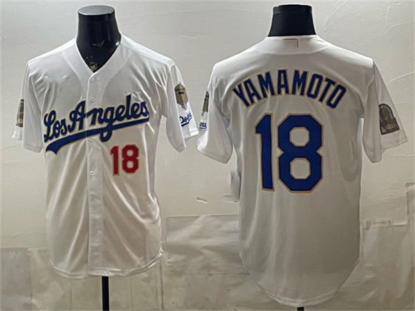 seanshop Los Angeles Dodgers #18 Yoshinobu Yamamoto White  2026 Gold Collection 9x & B2B Champs Patch Stitched Jersey