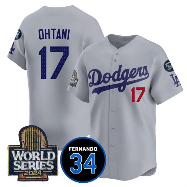 seanshop Los Angeles Dodgers #17 Shohei Ohtani Grey  2024 World Series With Fernando Memorial Patch Limited Stitched Jersey