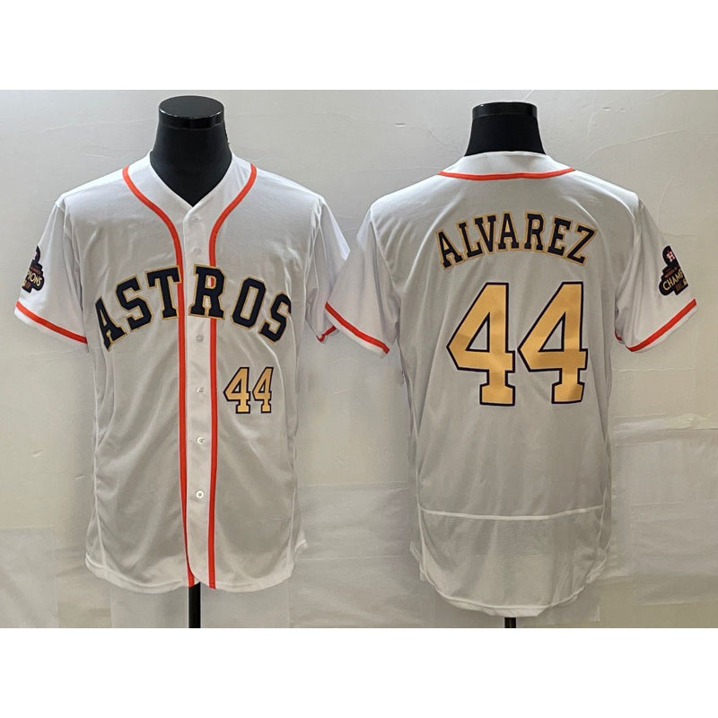 seanshop Houston Astros #44 Yordan Alvarez Number 2023 White Gold  World Serise Champions Patch Flex Base Stitched Jersey 2