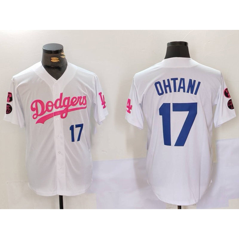 seanshop Los Angeles Dodgers #17 Shohei Ohtani White Pink  Vin & Kobe Patch Stitched Jersey1