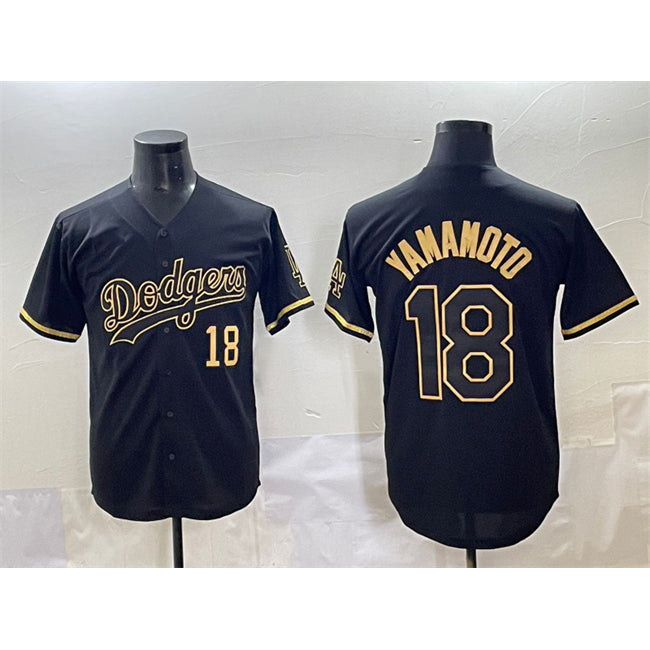 seanshop Los Angeles Dodgers #18 Yoshinobu Yamamoto Black Gold  Limited Stitched Jersey 2