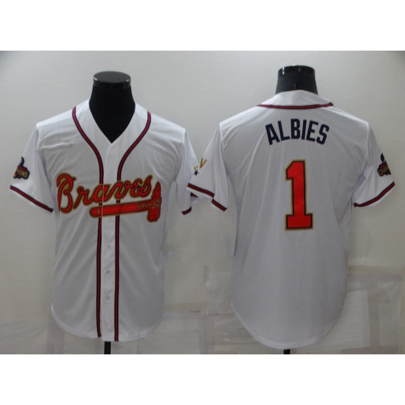 seanshop Atlanta Braves #1 Ozzie Albies 2022 White Gold  World Series Champions Program Cool Base Stitched Jersey