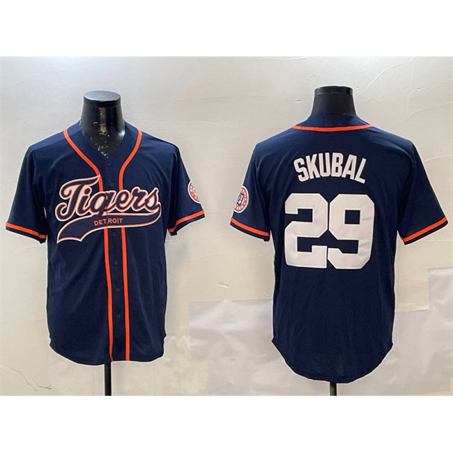 seanshop Detroit Tigers #29 Tarik Skubal Navy  With Patch Cool Base Stitched Jersey