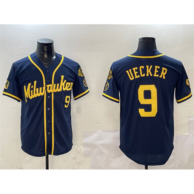 seanshop    Milwaukee Brewers #9 Bob Uecker Navy  With Home Patch Limited Stitched Jersey