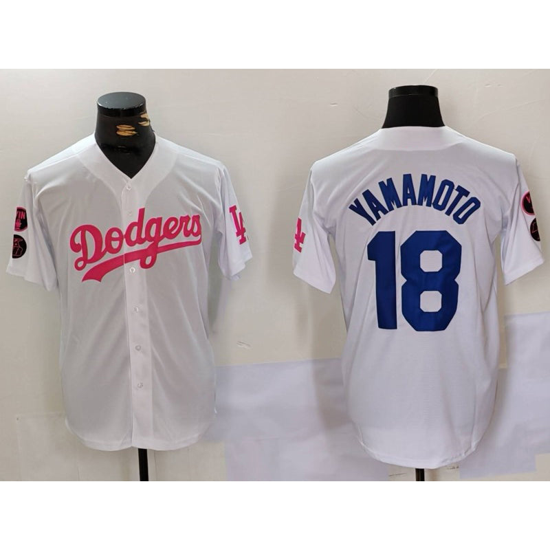 seanshop Los Angeles Dodgers #18 Yoshinobu Yamamoto White Pink  Vin & Kobe Patch Stitched Jersey1