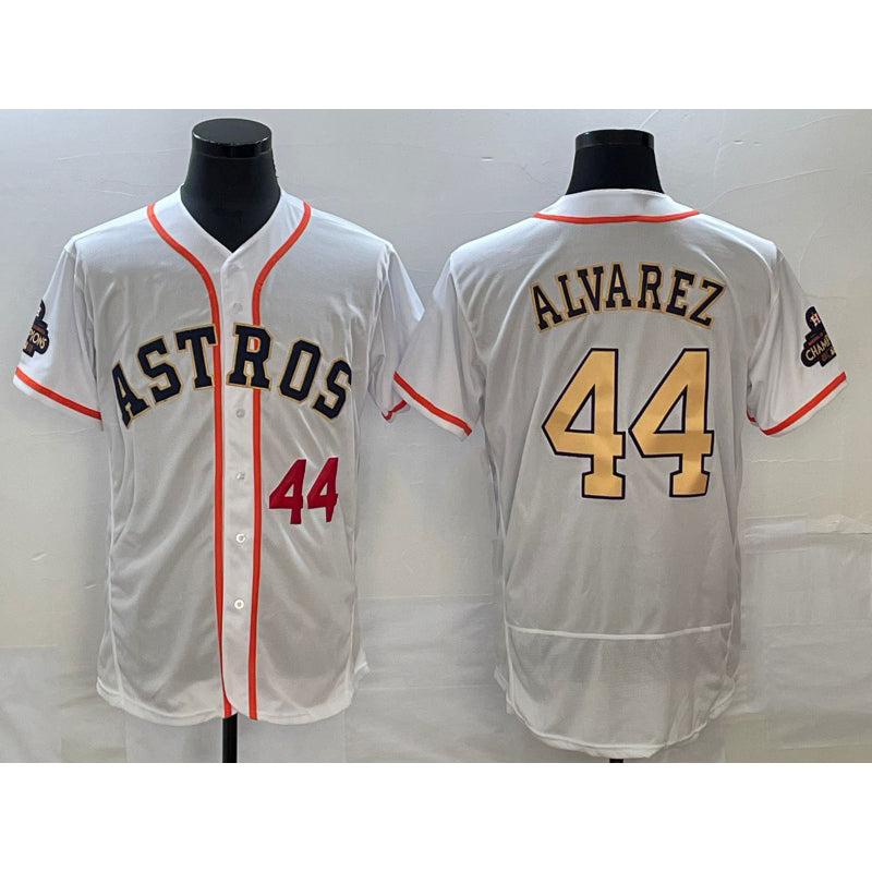 seanshop Houston Astros #44 Yordan Alvarez Number 2023 White Gold  World Serise Champions Patch Flex Base Stitched Jersey