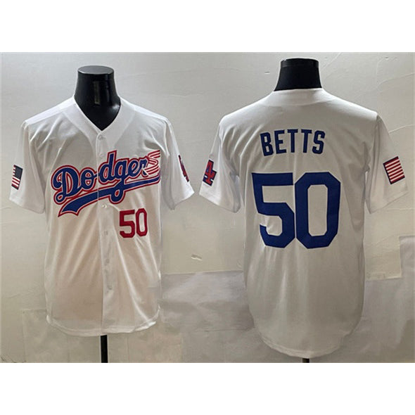 seanshop Los Angeles Dodgers #50 Mookie Betts White  With American Flag Patch Limited Stitched Jersey