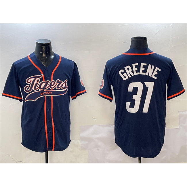 seanshop Detroit Tigers #31 Riley Greene Navy  With Patch Cool Base Stitched Jersey