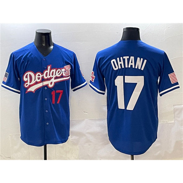 seanshop Los Angeles Dodgers #17 Shohei Ohtani Royal  With American Flag Patch Limited Stitched Jersey