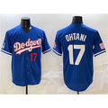seanshop Los Angeles Dodgers #17 Shohei Ohtani Royal  With American Flag Patch Limited Stitched Jersey