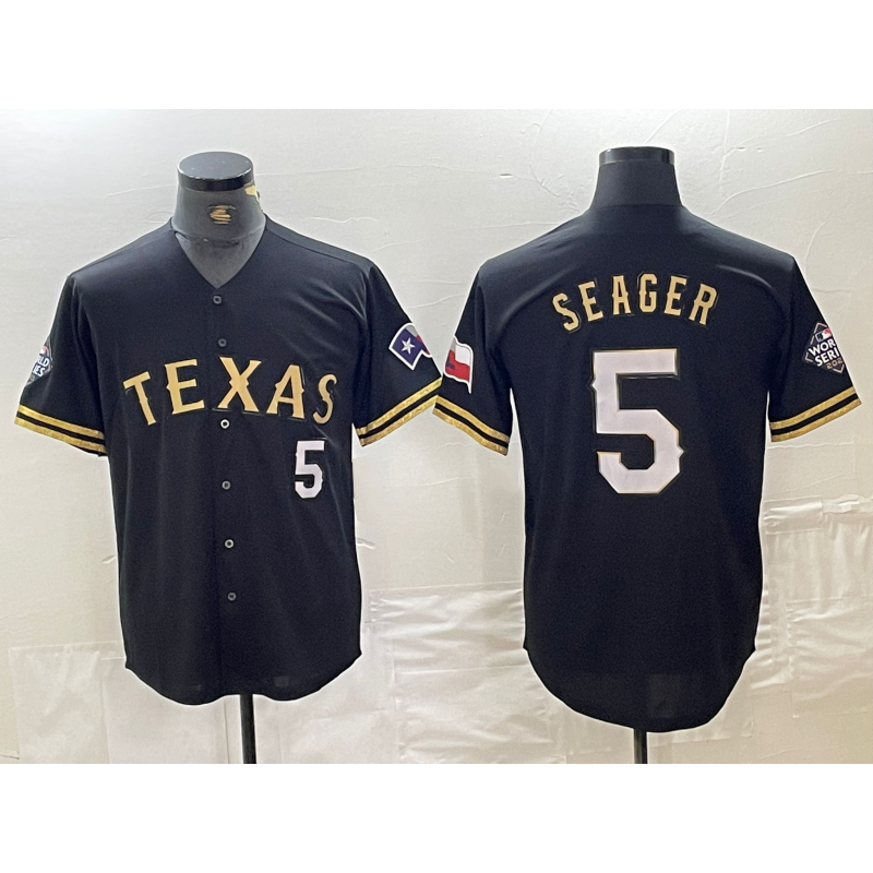 seanshop  Texas Rangers #5 Corey Seager Number Black Gold  Cool Base Stitched Jersey